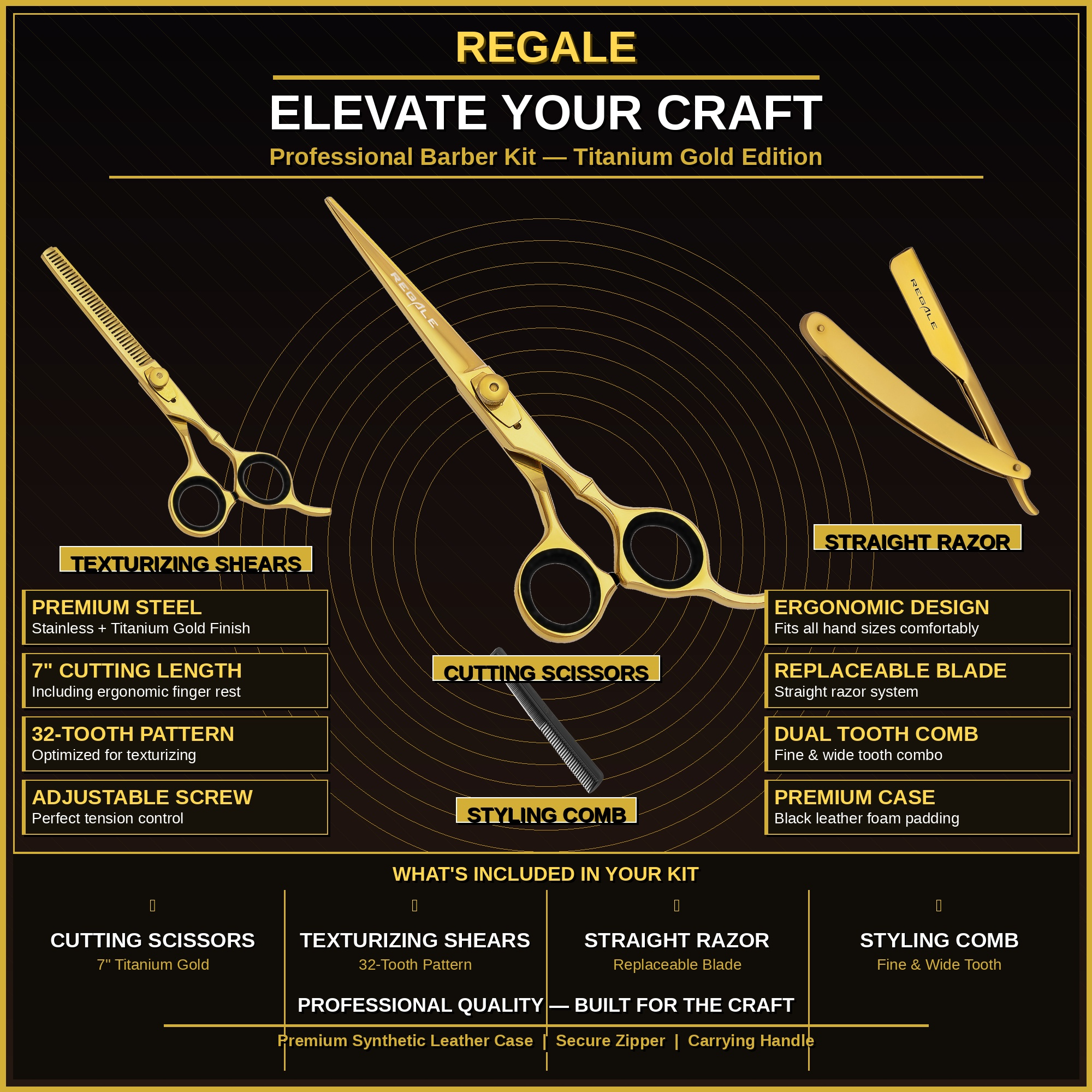 REGALE Gold Pro Barber Kit | 4-Piece Professional Set | Titanium Gold ...