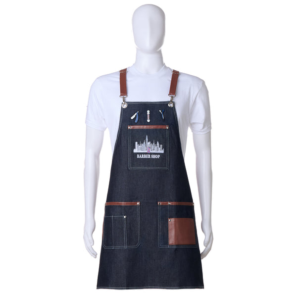 Regale Professional Barber Shop Blue Denim Apron with Leather Straps
